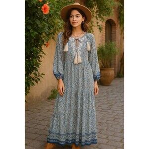 Miss June Paris Women’s Tassel Maxi Dress Floral Peasant Style One Size Bohemian
